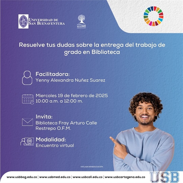 Resuelve tus dudas sobre la entrega de trabajo de grado en Biblioteca todos los miércoles de 10:00 a.m. a 12:00 m.